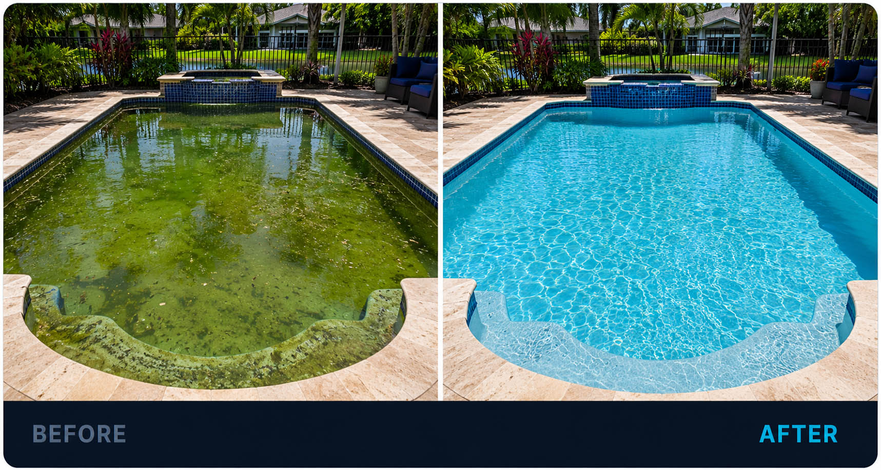 Before and after pool cleaning transformation with green algae water restored to clear blue water