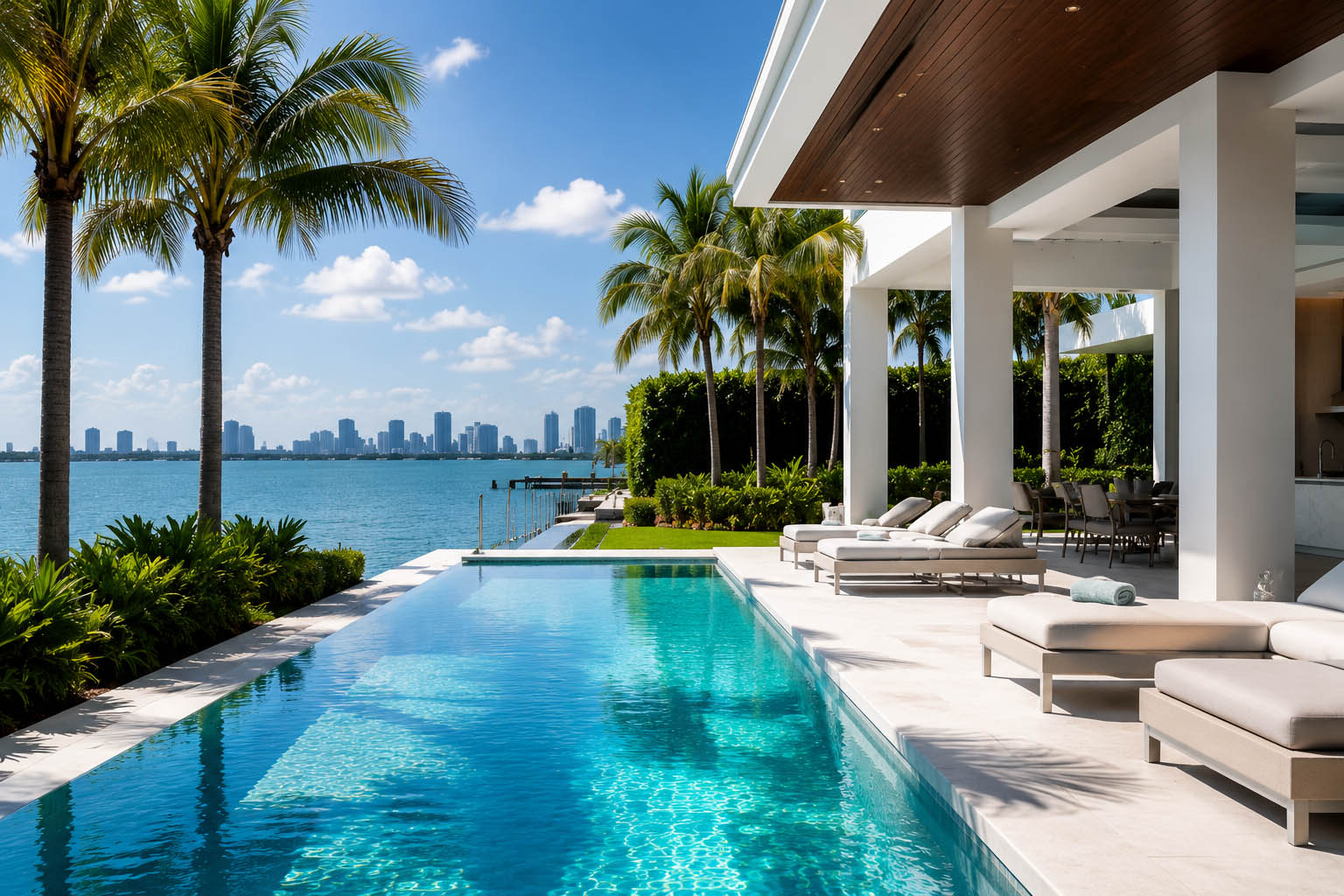 Luxury Miami pool service professional cleaning a high-end residential pool