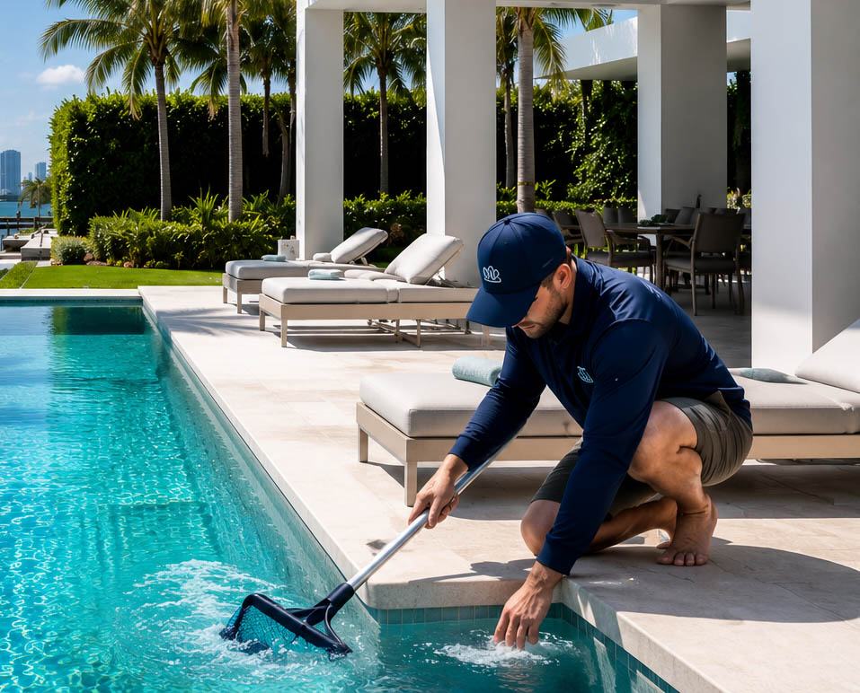 Professional pool cleaner servicing a luxury residential pool