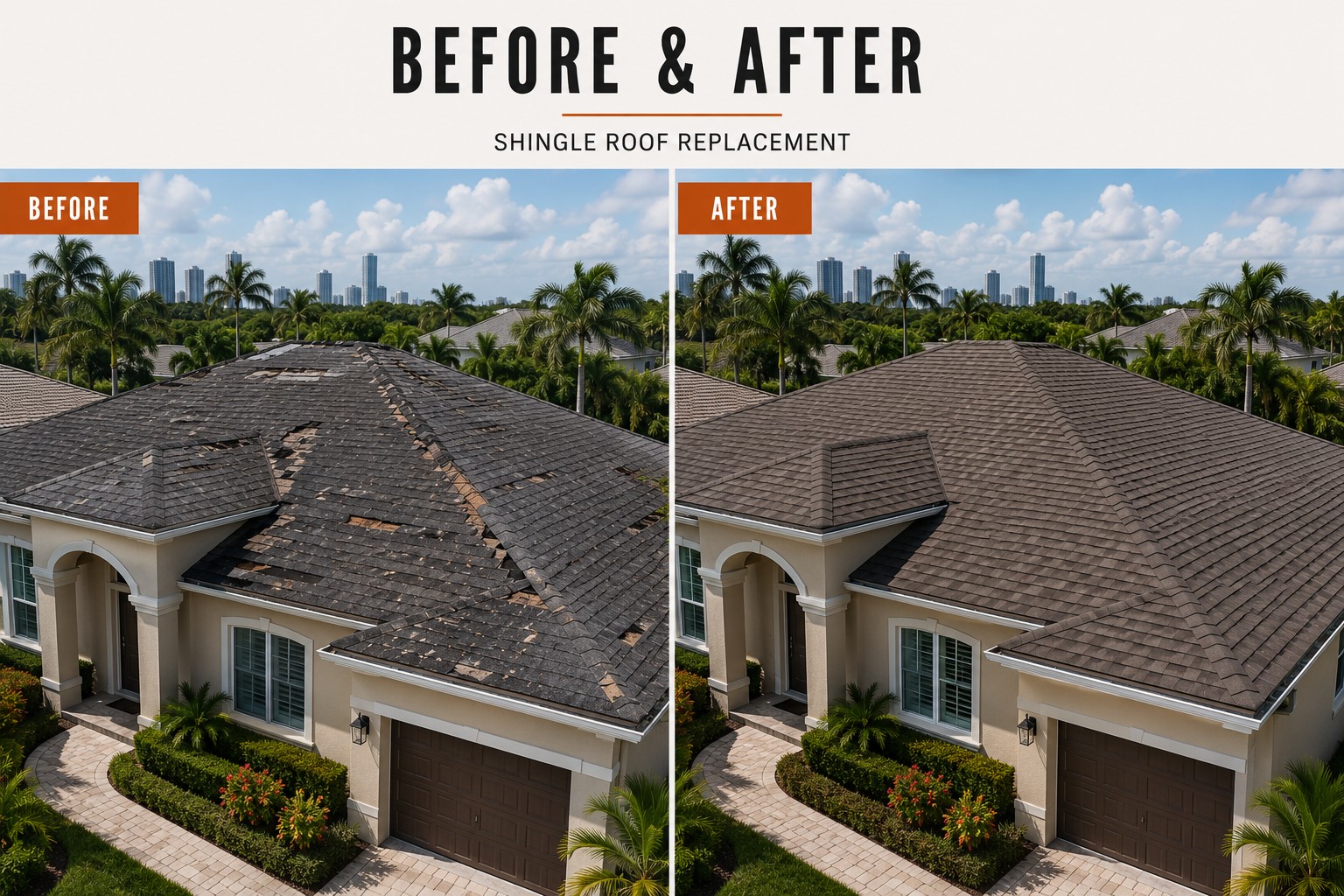 Before and after shingle roof replacement in Miami