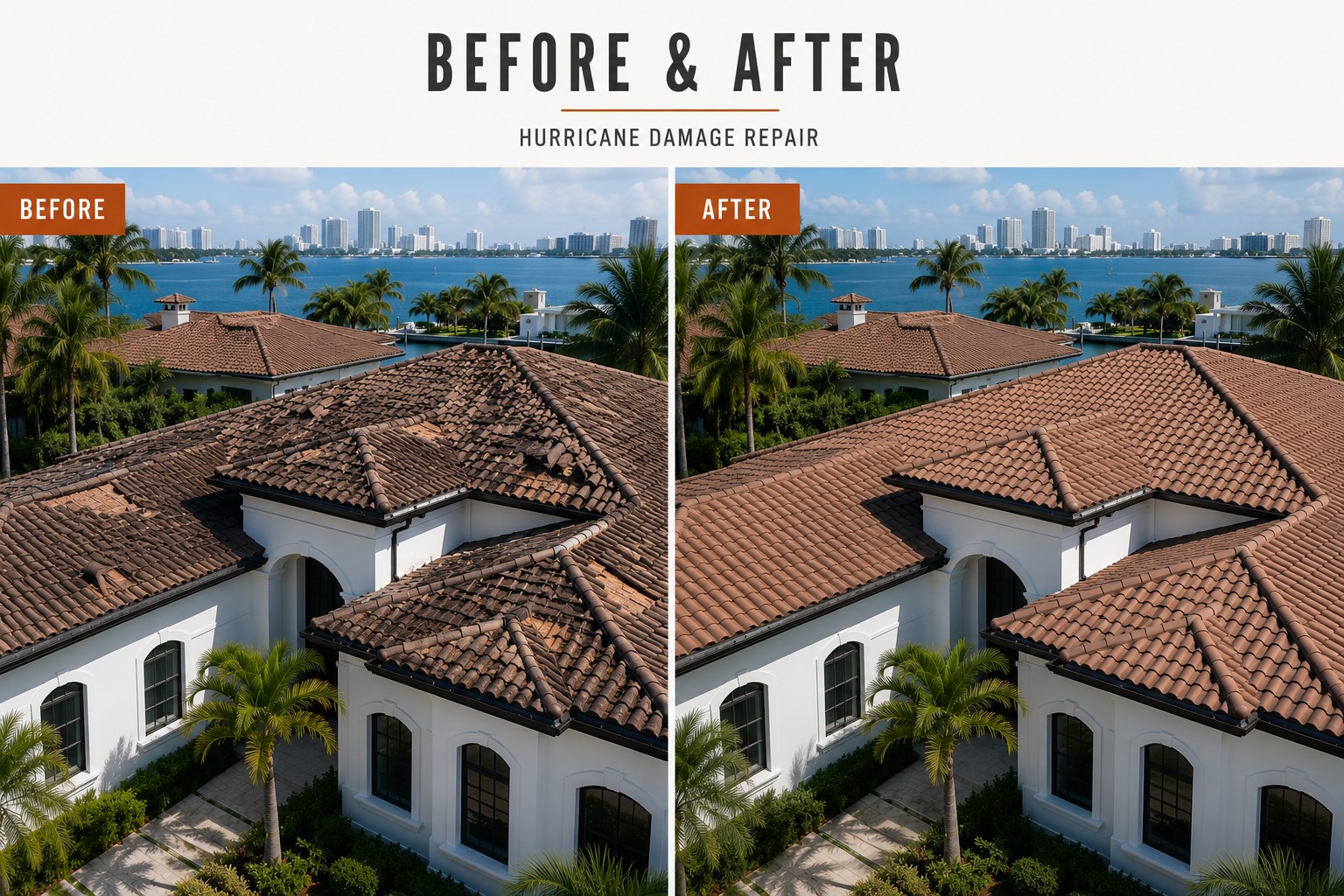Before and after hurricane damaged tile roof repair in Miami
